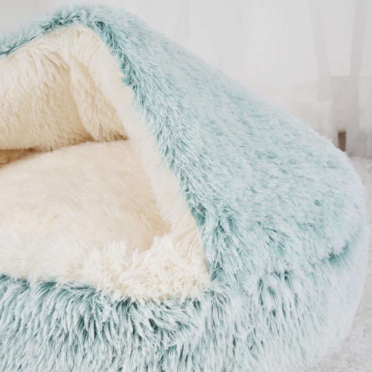 Cat Bed Round Fluffy Hooded Cat Bed Cave, Anti-Anxiety Cave Bed with Hooded Blanket, Cozy Cuddler Luxury Puppy Pet Bed, Anti-Slip Bottom and Machine Washable (Green, Large)