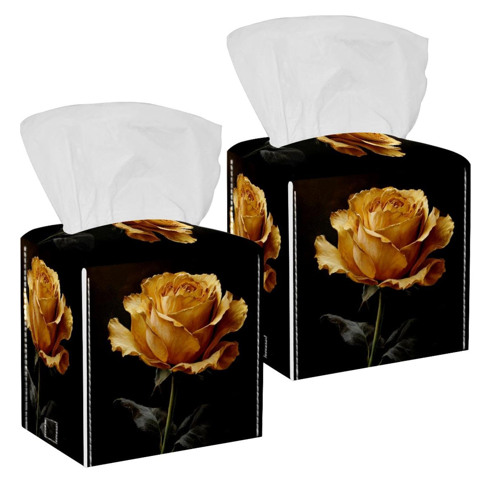 Golden Rose Tissue Box Cover, 2 Pack PU Leather Square Facial Tissue Dispenser Box holder for Home Office Car