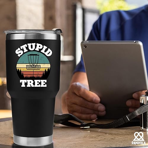 Miniatura 7 de Panvola Stupid Tree - Vaso con aislamiento al vacío para jugador de golf, disco divertido, de acero inoxidable retro con tapa extraíble, 30 onzas
