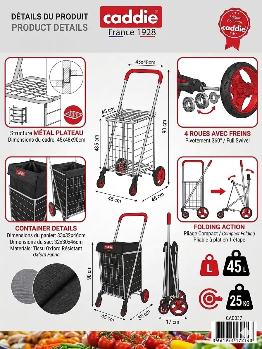 Caddie Chariot de Course Pliable 45L | Poussette de Marché Haute Capacité (Max 25kg) avec Doublure Amovible Imperméable | Cabas à 4 roulettes Pivotantes 360° et Poignée Ergonomique Confort