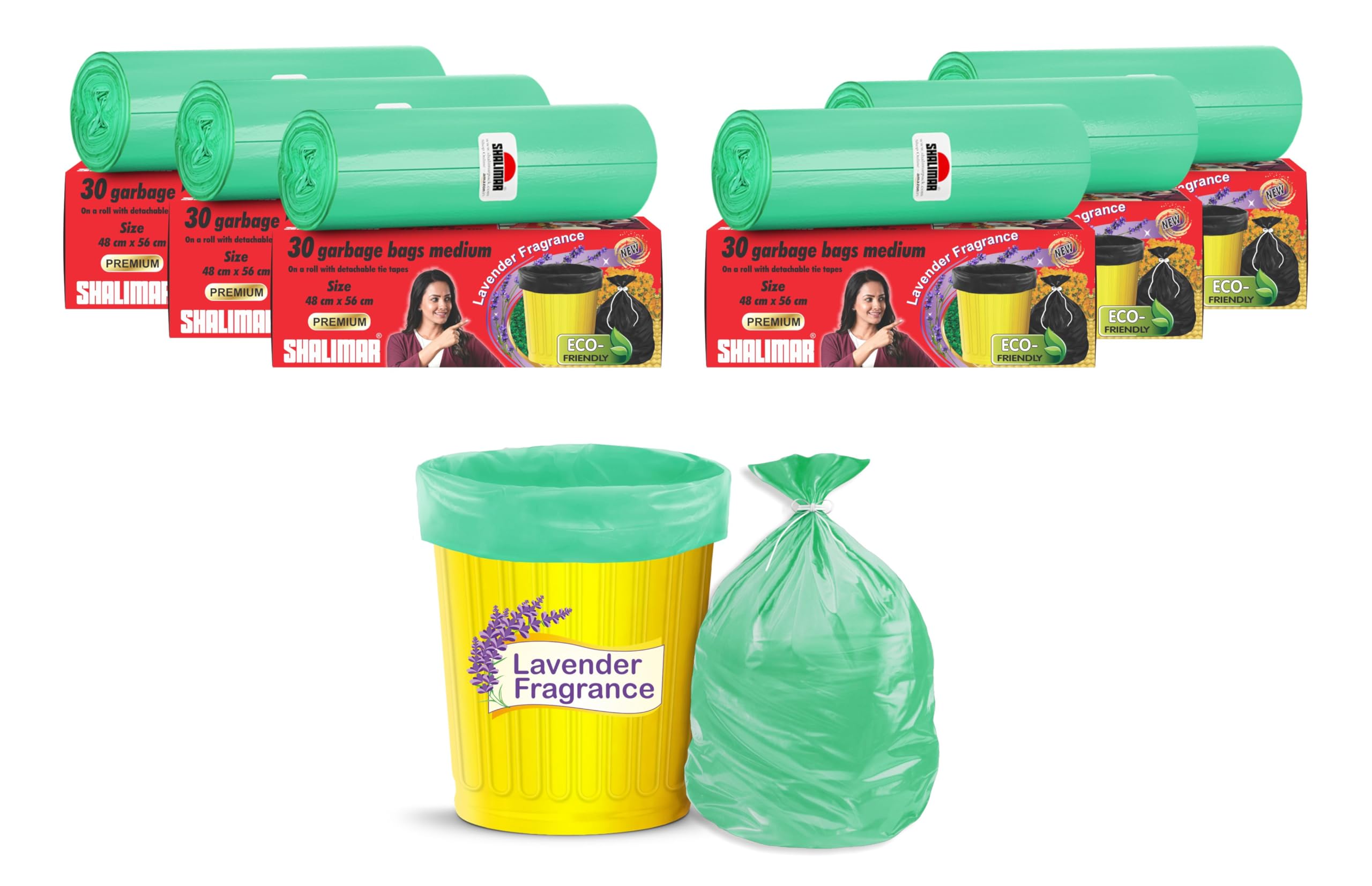 Shalimar Premium (Lavender Fragrance) Scented Garbage Bags | Medium 19 X 21 Inches | 180 Bags (30 Bags X 6 Rolls) | Dustbin Bag/Trash Bag | (Green) - Perforated Box for Easy Dispensing