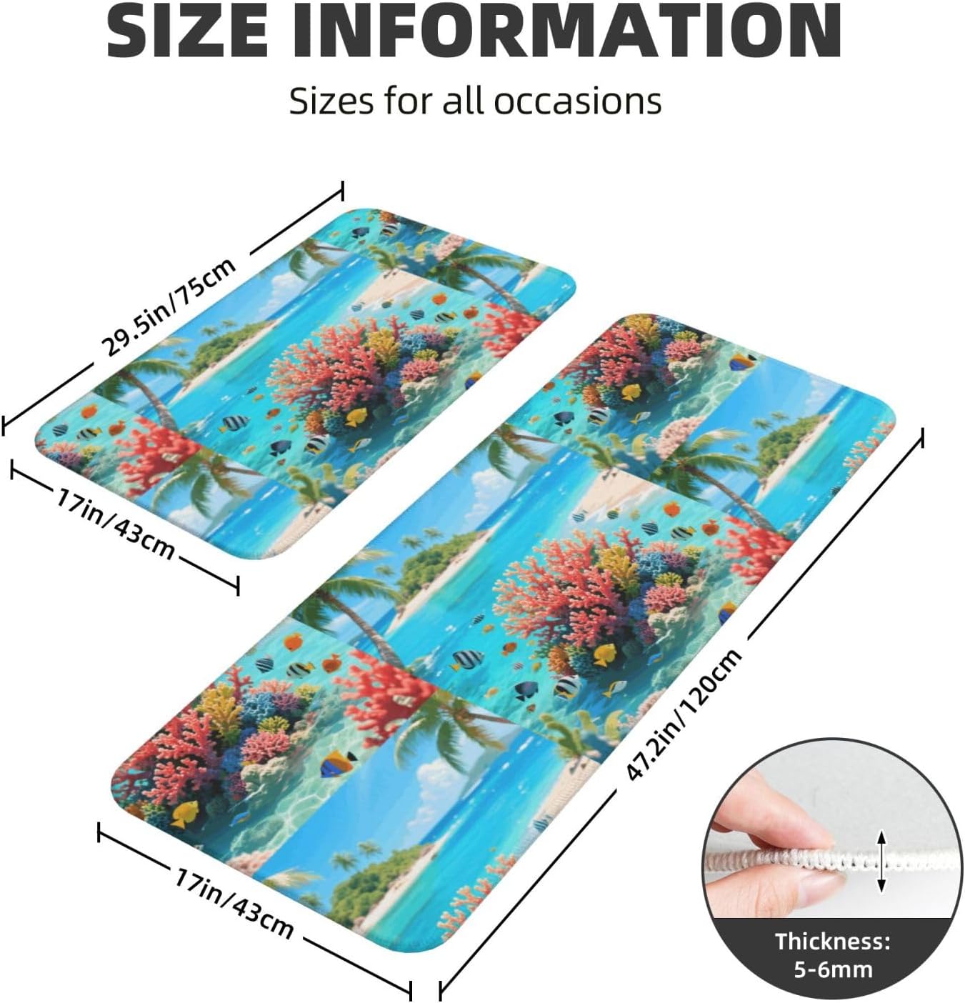 Island Corals Kitchen Rugs Set of 2, Cushioned Anti-Fatigue Kitchen Mats for Floor, Waterproof Comfort Standing Mat Absorbent Velvet Kitchen Runner Rugs 17"x30"+17"x47"