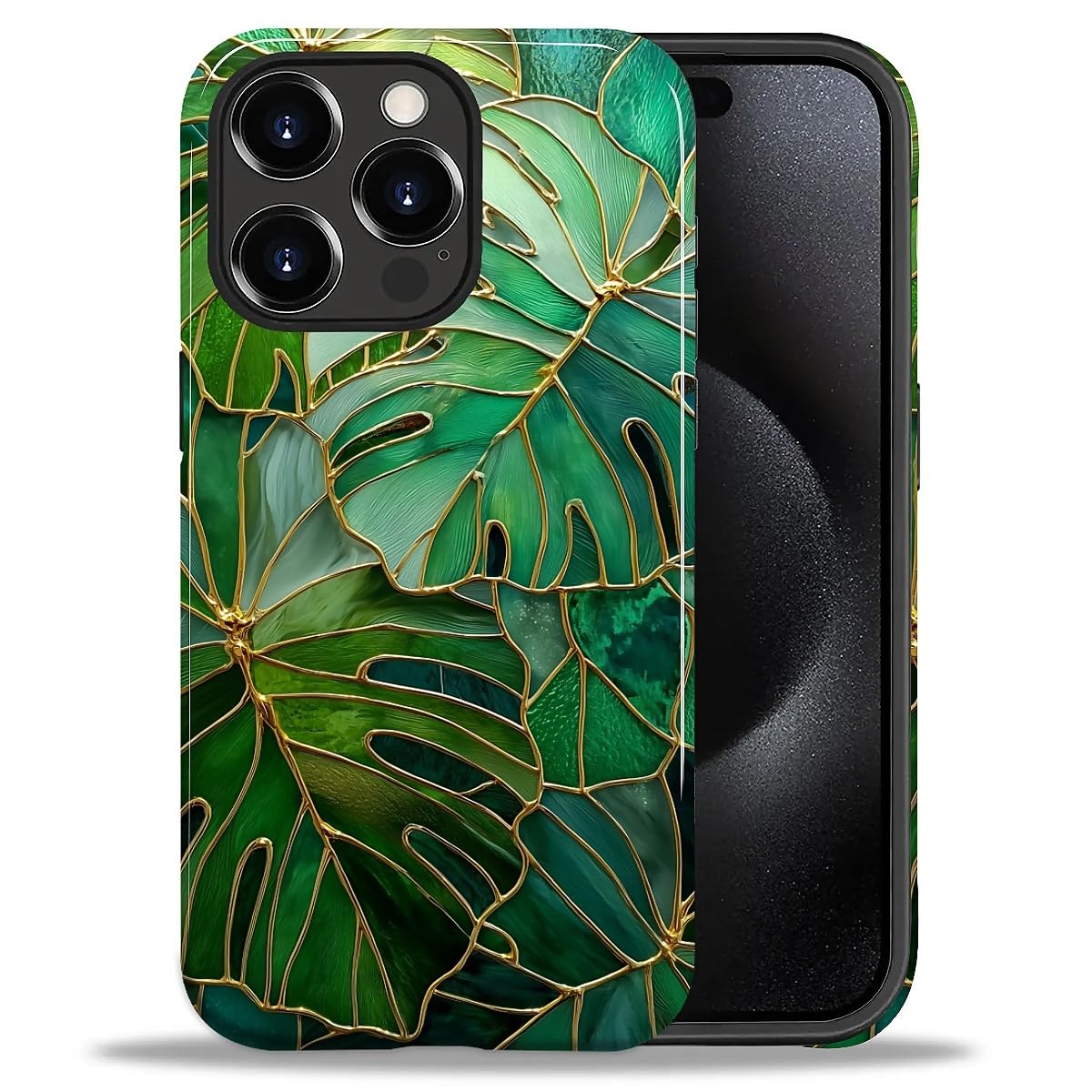 Photo 1 of CARLOCA Case for iPhone 15 Pro Max,Stained Glass Style Monstera Leafs Design - Hybrid Dual Protection Soft TPU + Hard PC, Shockproof Anti-Scratch Cover Men Women Girl Stylish Phone Case
