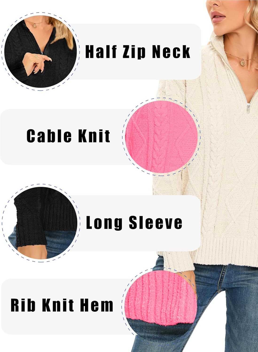 Famulily Womens Cute Cable Knit Sweater Long Sleeve Turtleneck Sweater Cozy Warm Half Zip Pullover Top - Image 4