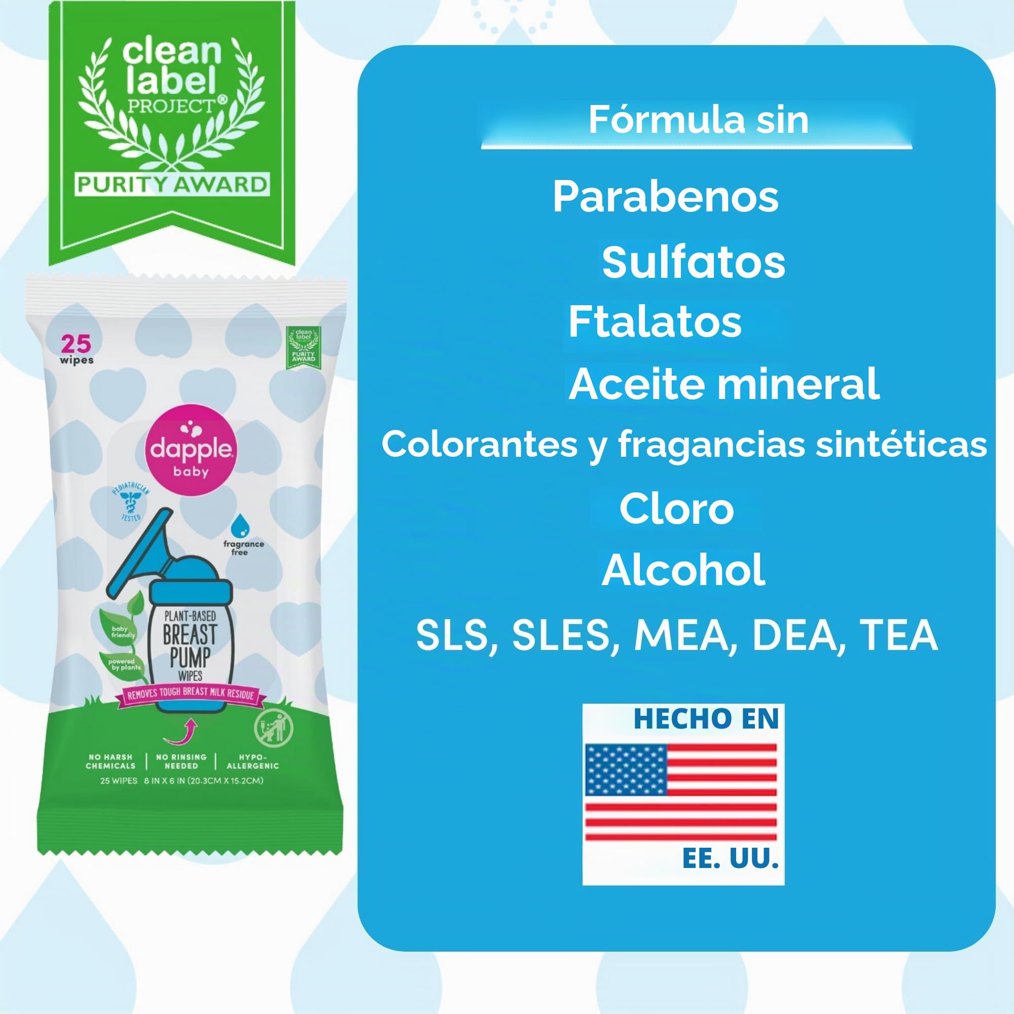 Dapple Toallitas para sacaleches para bebé (paquete de 3) 25 unidades, sin fragancia, alimentadas por plantas e hipoalergénicas, eliminan los residuos de leche, esenciales para la bolsa de pañales