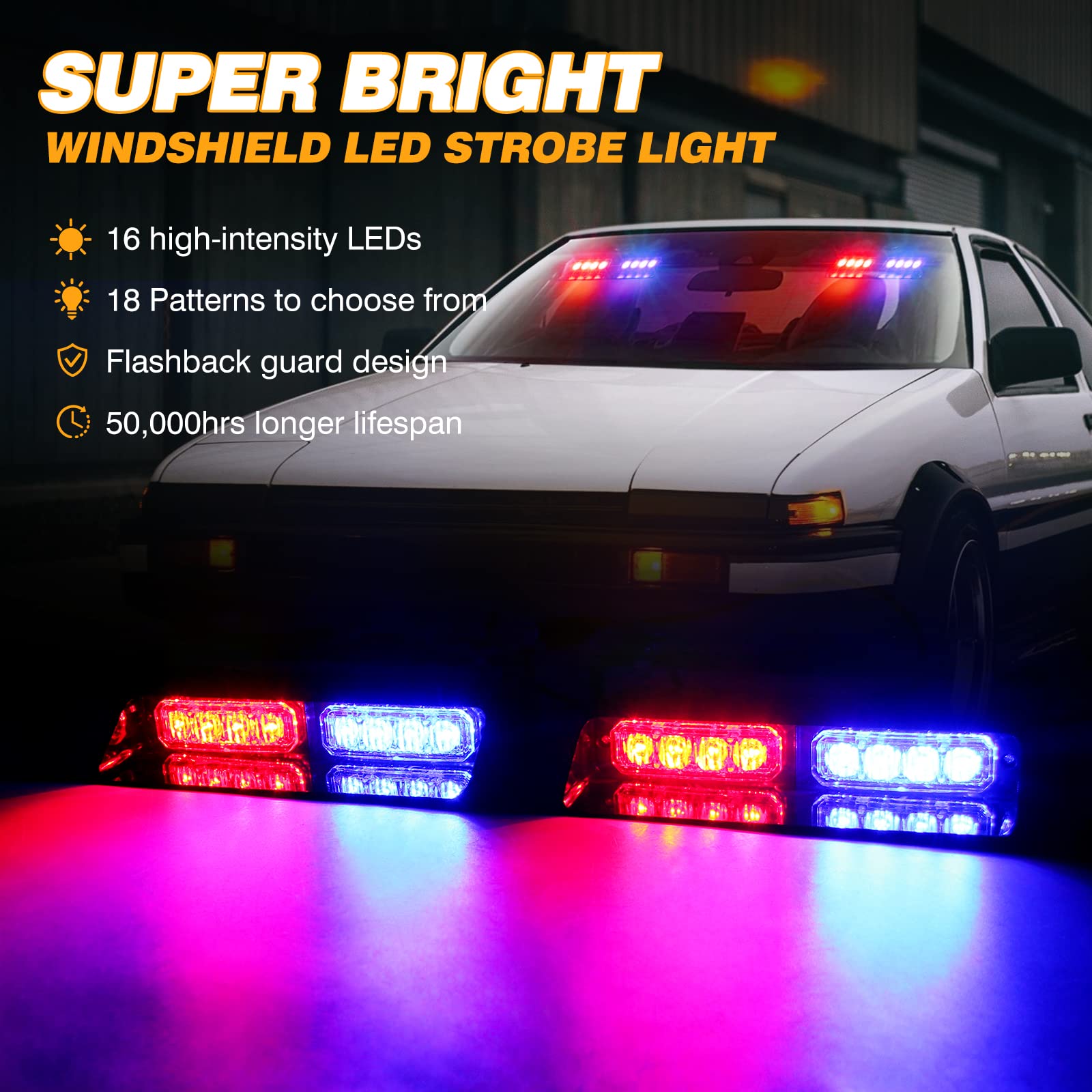 2 luci stroboscopiche di emergenza per parabrezza, 18 LED, 18 lampeggianti, con ventose, 12 V, per auto, camion, veicoli (rosso e blu)
