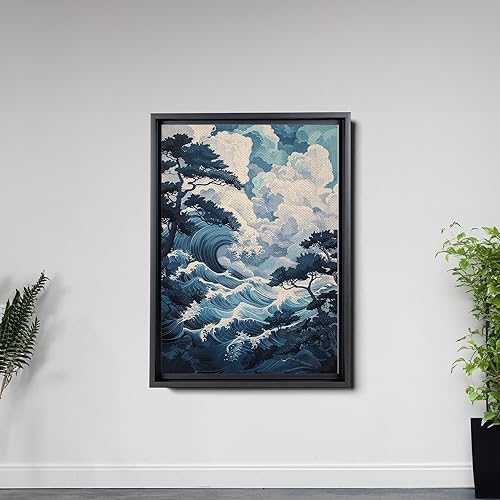 Miniatura 4 de Canvas Print Canvas Framed Canvas Wall Art Wood Panel Retro Wave Art A Storm Wall Art Print Sea Wave In The Night And Trees Stormy Waves Art Canvas