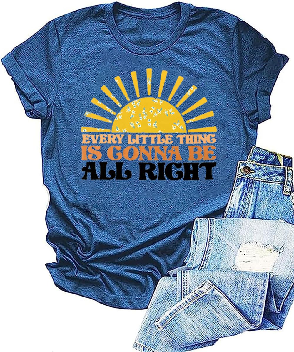 Every Little Thing is Gonna Be Alright Shirt Women Country Music Shirts Hippie T Shirt Inspirational Tee Top, Blue-s1, M