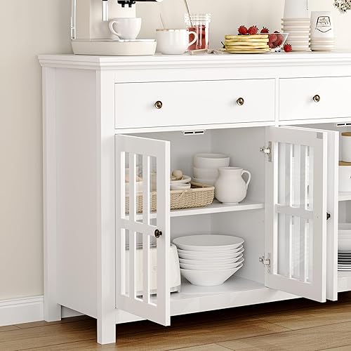Miniatura 6 de finetones Aparador de buffet con almacenamiento, armario de cocina grande de 55.1 pulgadas con 2 cajones y 4 puertas, gabinete de madera para