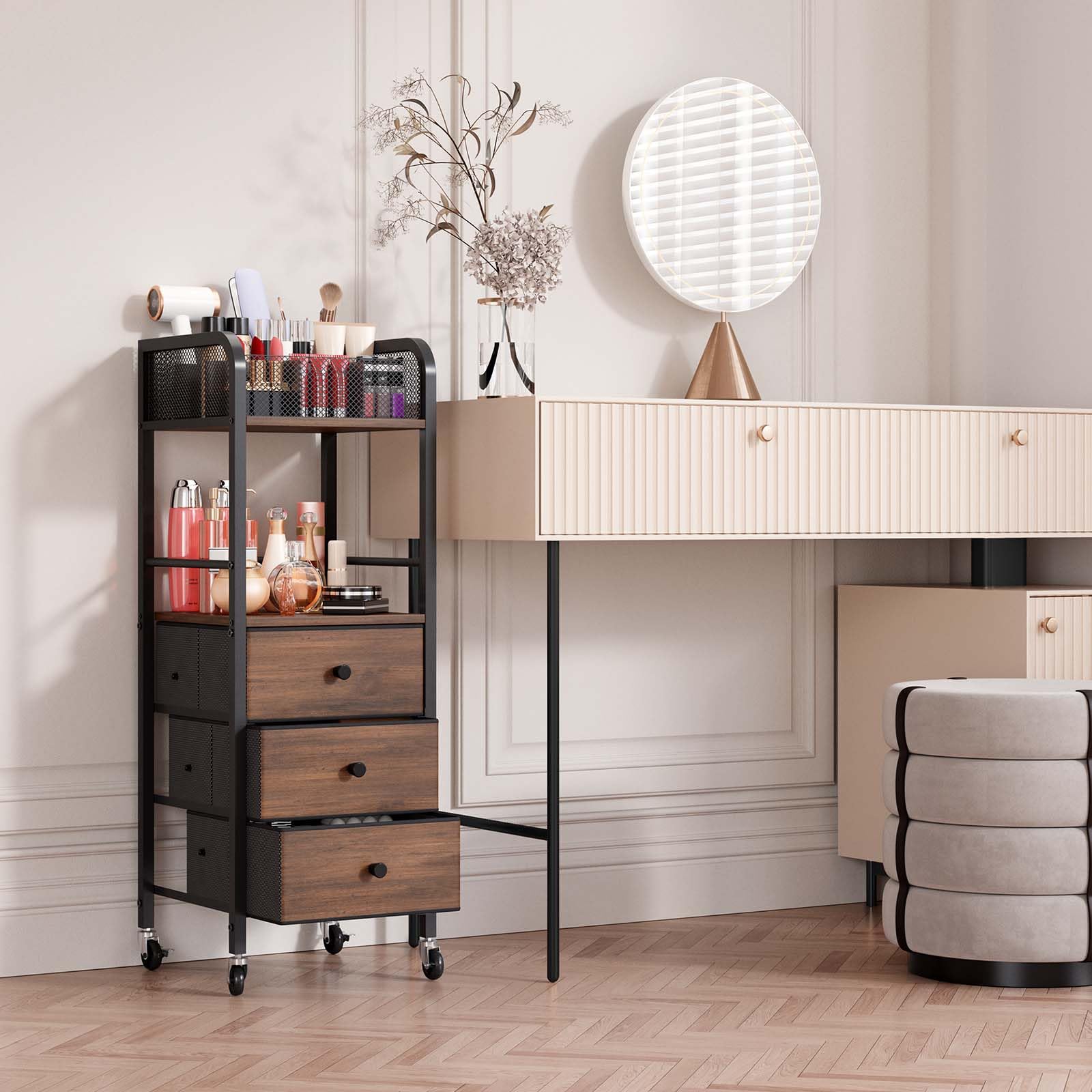 Kosmetik Rollwagen mit 3 Schubladen - Hautpflege Organizer für Kosmetikstudio, Parfüm, Nagellackbürste