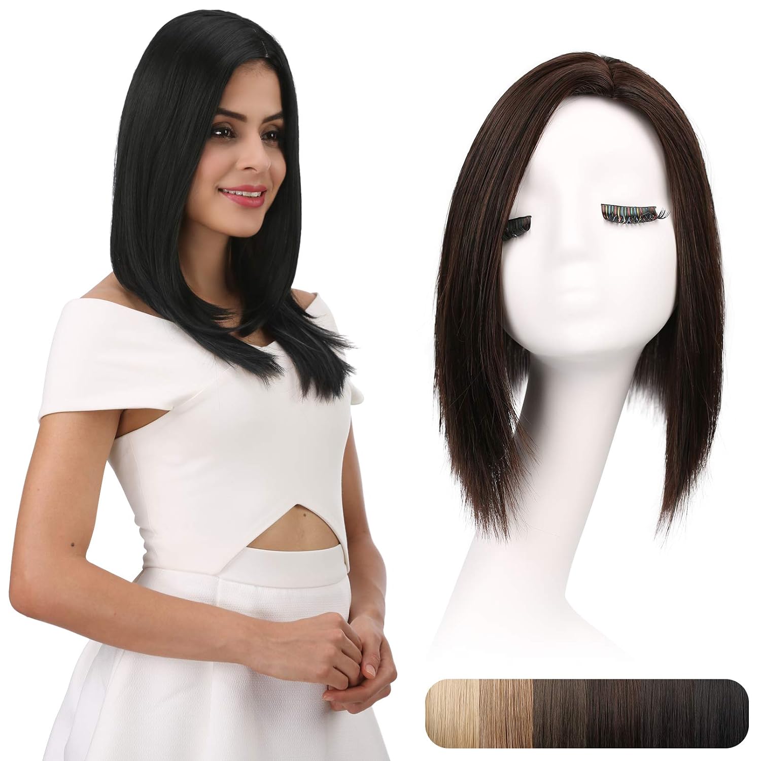 REECHO 12" Synthetic Wiglet Side Parting Hair Topper with 3 Clips in Straight Hair Extensions Hair Closure Piece Hairpieces for Women - Dark Brown
