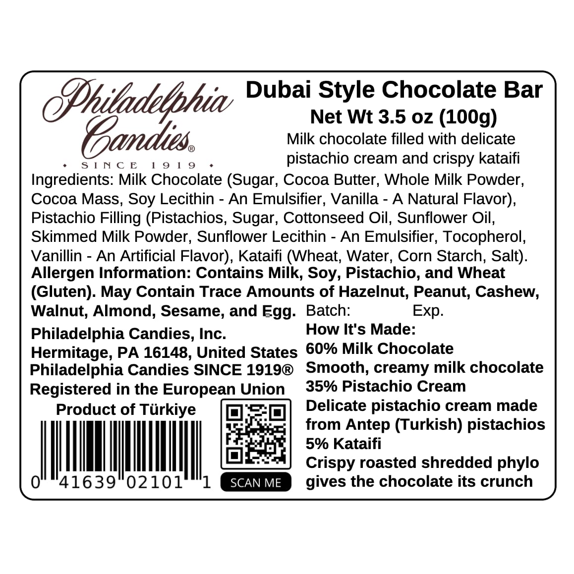 Philadelphia Candies Dubai Style Chocolate Bar, 34% Cocoa Milk Chocolate, 3.52 Ounce (2026 Release) image 2