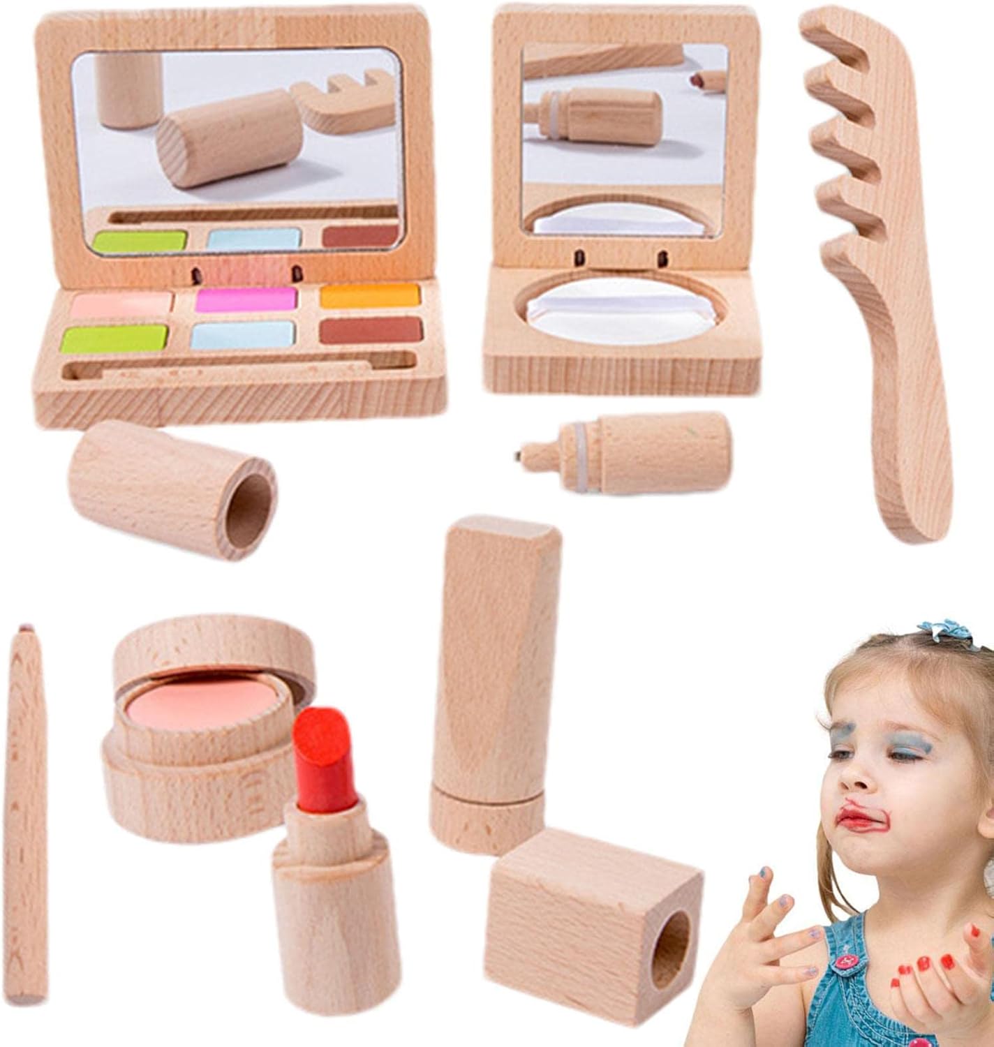 PW TOOLS Toy Makeup Set for Girls,Kid's Wooden Cosmetics Pretend Kit