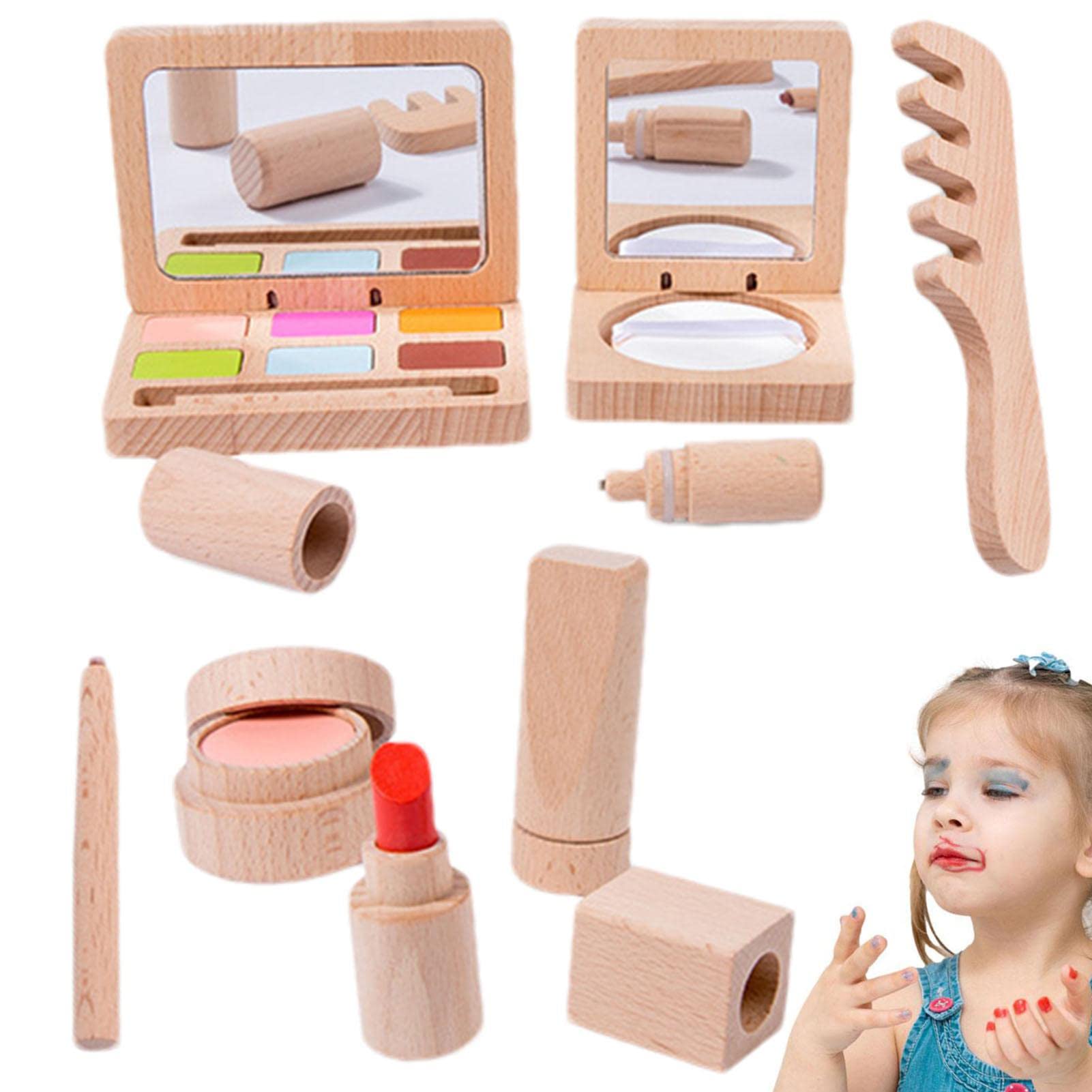 Rainao Pretend Makeup, Wooden Beauty Salon Makeup Kit Playset, Lipsticks, Nail Polish, Foundation, Eyebrow Pencil Dress-Up Toys for Girls 3-8 Years Old