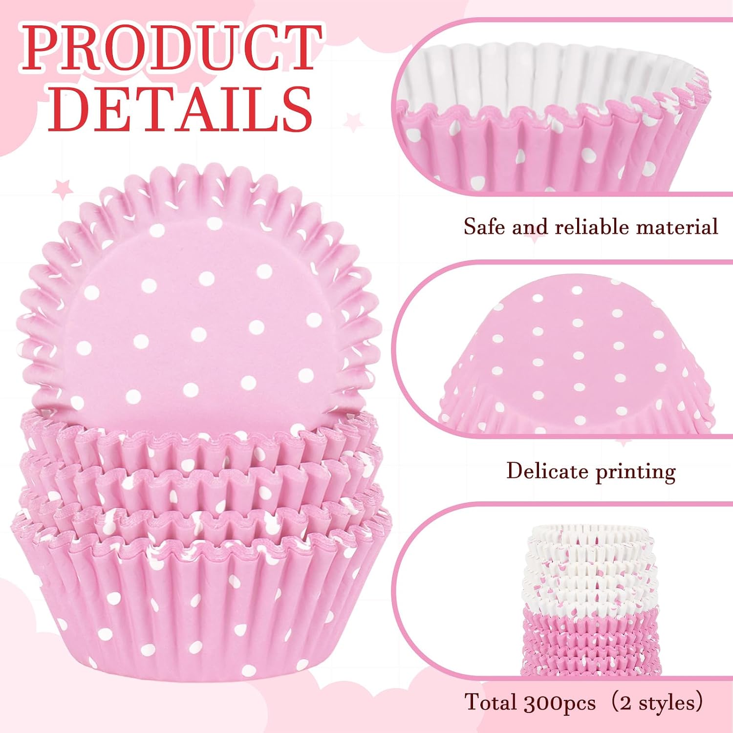 FYSUIMU 300Pcs Polka Dot Cupcake Liner Pink White Dot Paper Baking Cup Cute Muffin Liner Cake Storage Container for Birthday Baby Shower Party DIY Crafts Supplies