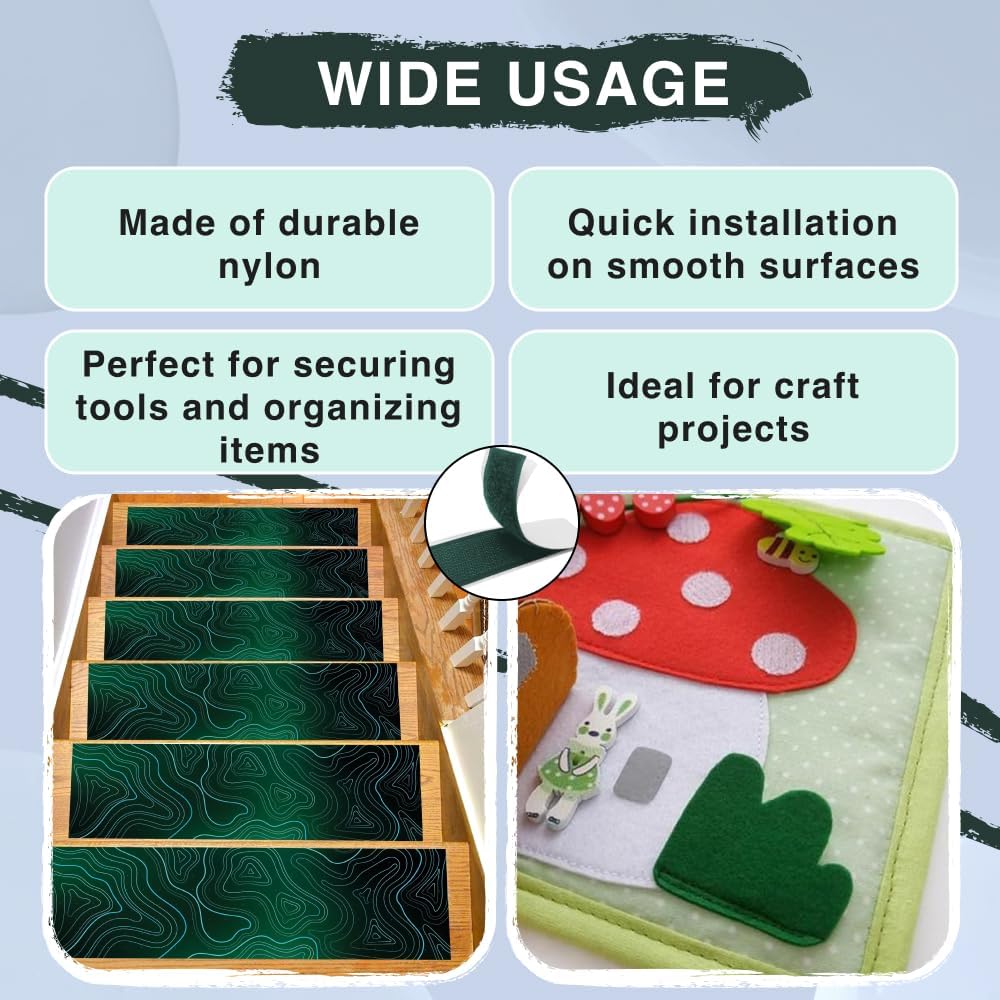Sets of 15 Green Hook and Loop Strips with Adhesive 1'' x 4'' Nylon Strong Sticky Back Straps Fabric Heavy Duty Strips with Adhesive Ideal for Home Organizer Office School Decoration Craft DIY
