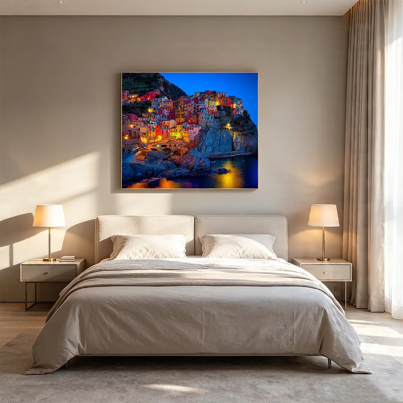 Dipingere con i Numeri Adulti Cinque Terre Tele 70x95cm ZSHS-4234 | Kit Pittura Hobby Creativi Adulti con Colori Acrilici Pennello Paittura Tela Vista Notturna per Quadri Moderni Soggiorno