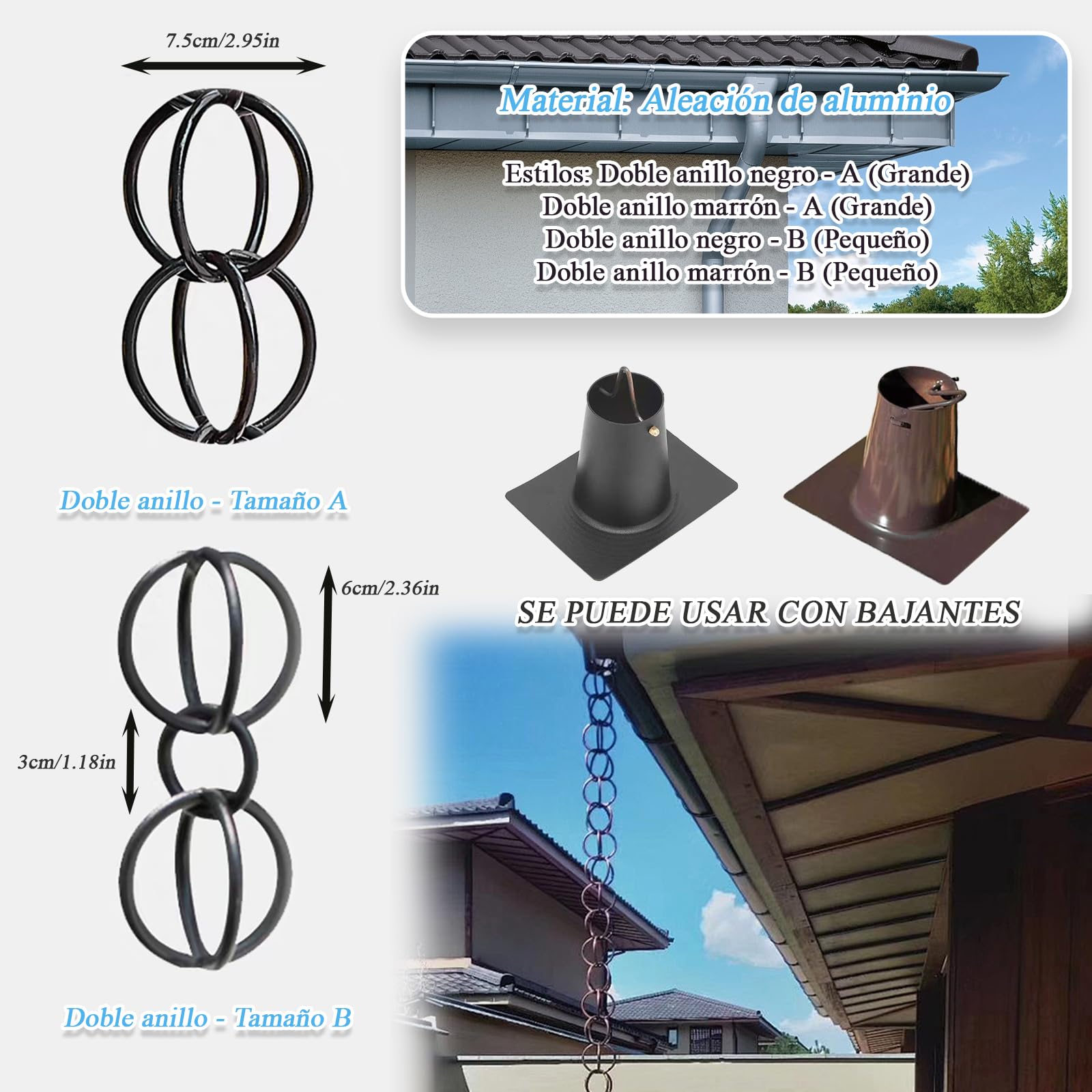 Cadenas De Lluvia Cadenas para La Lluvia Fácil Instalación para Canalones de Techo， Jardín， Balcón， Patio Negro-B-4m(13ft