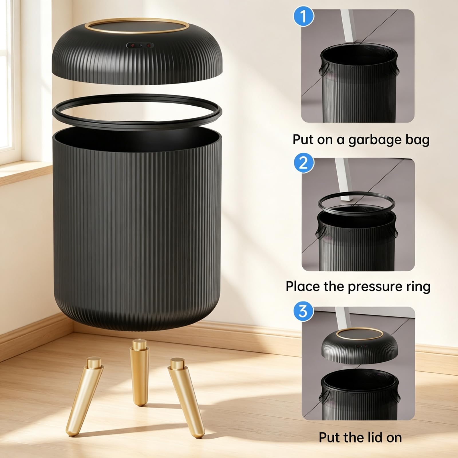URALFA Automatischer Bewegungsmelder Badezimmer Mülleimer mit Deckel, 3 Gallonen/11L Berührungsloser Mülleimer, Smart Kunststoff Mülleimer, Intelligenter Mülleimer für Schlafzimmer, Badezimmer, Küche,