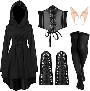5 Pcs Women Renaissance Fairy Costumes Set Medieval Hooded Robe Elf Ears Accessories for Halloween Cosplay