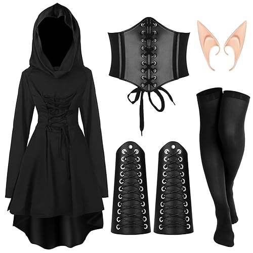 Jeyiour 5 Pcs Women Renaissance Fairy Costumes Set Medieval Hooded Robe Elf Ears Accessories for Halloween Cosplay - Black - Large