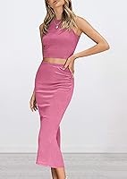 Vista 4 de PRETTYGARDEN Conjunto de 2 piezas de verano para mujer, cuello redondo, sin mangas, con abertura, falda midi