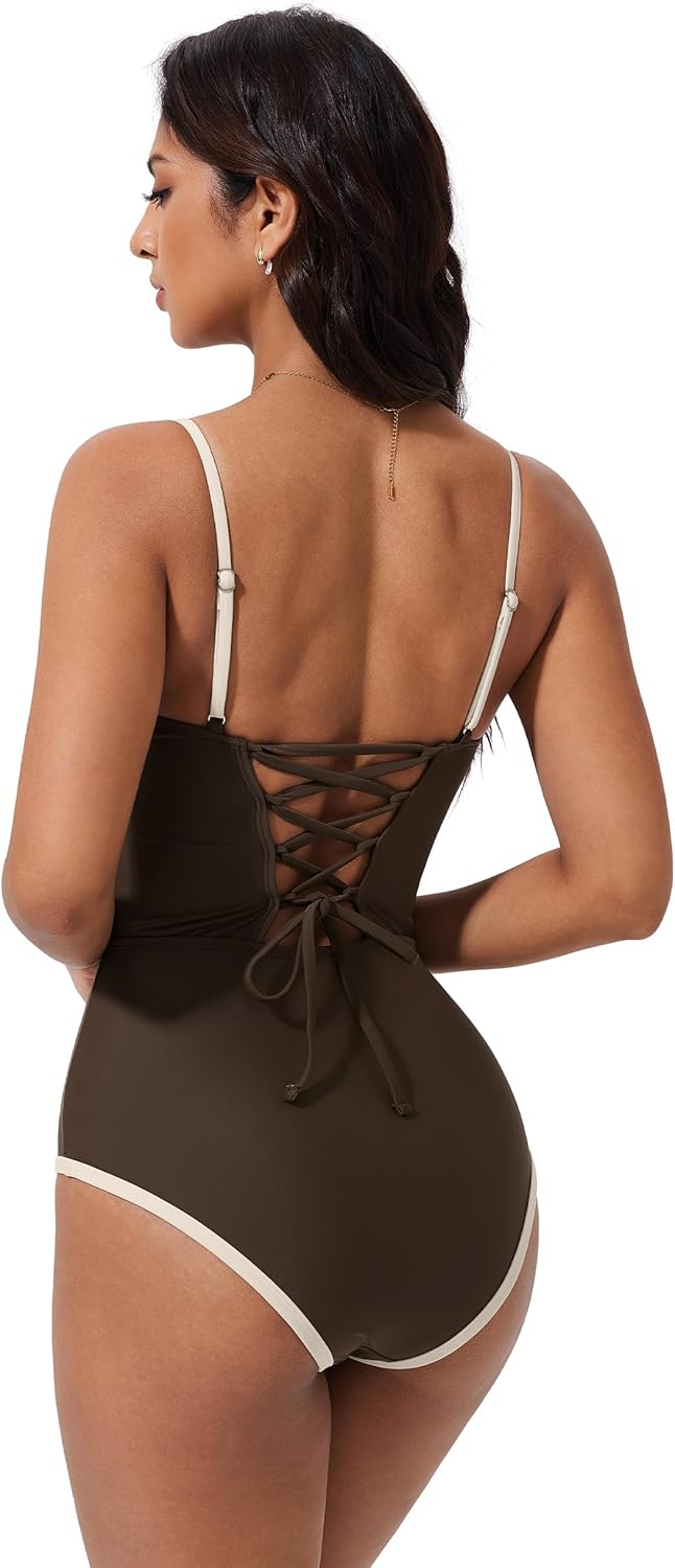 SUUKSESS Women One Piece Tummy Control Swimsuit Sexy Color Block Bathing Suit - Image 2