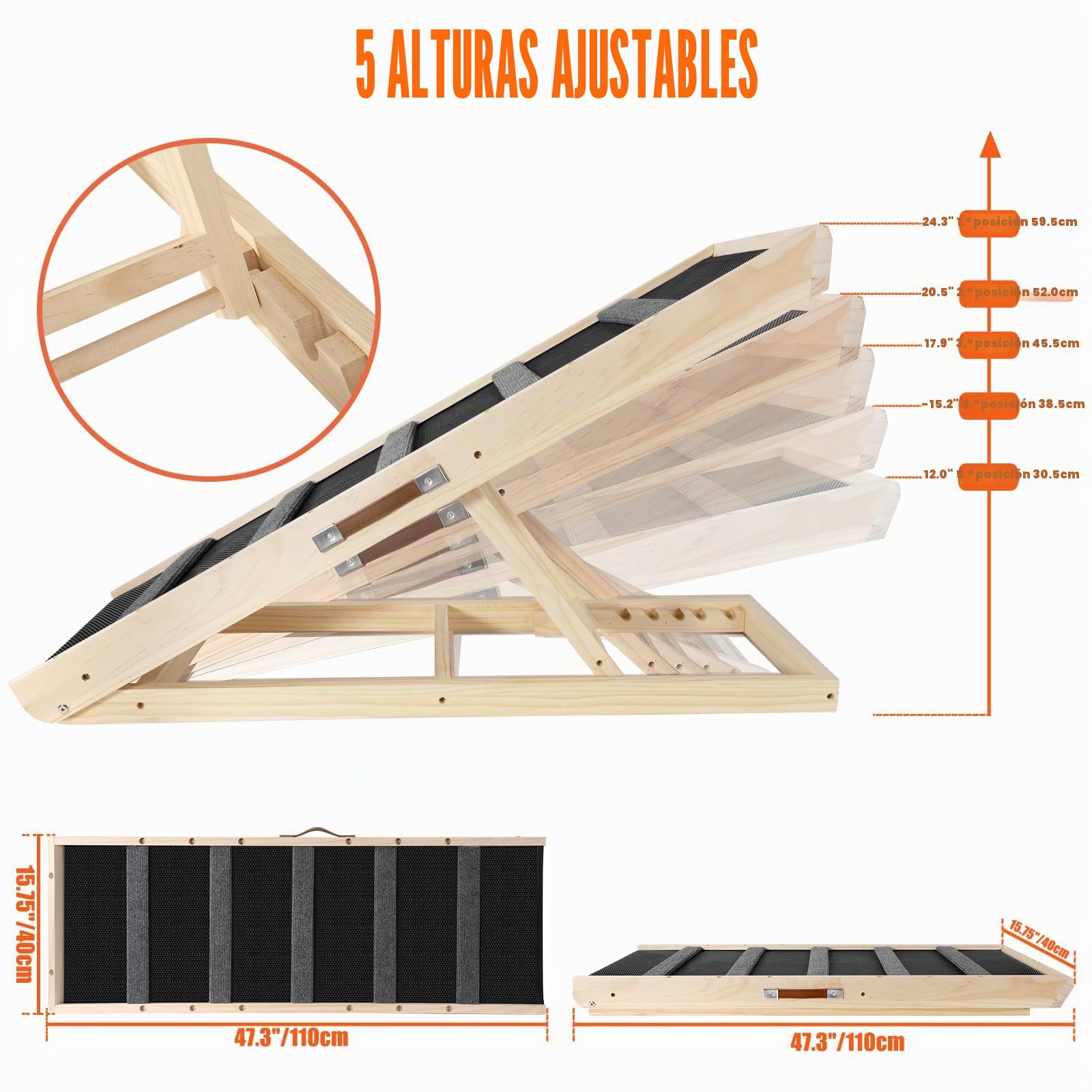 Rampa portátil multifuncional de madera plegable para mascotas, adecuada para gatos y perros, rampa de 110 cm de largo con altura ajustable de 12 a 23.4 pulgadas. Rampas para perros-110ZT,