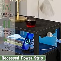 Vista 9 de Furnulem Tall Night Stand with Charging Station and Led Light, Small Dresser with Open Shelf and 4 Storage Drawers, Black Side Table Fabric