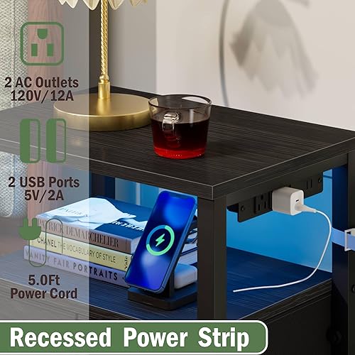 Miniatura 9 de Furnulem Mesita de noche alta con estación de carga y luz LED, cómoda pequeña con estante abierto y 4 cajones de almacenamiento, mesa auxiliar negra