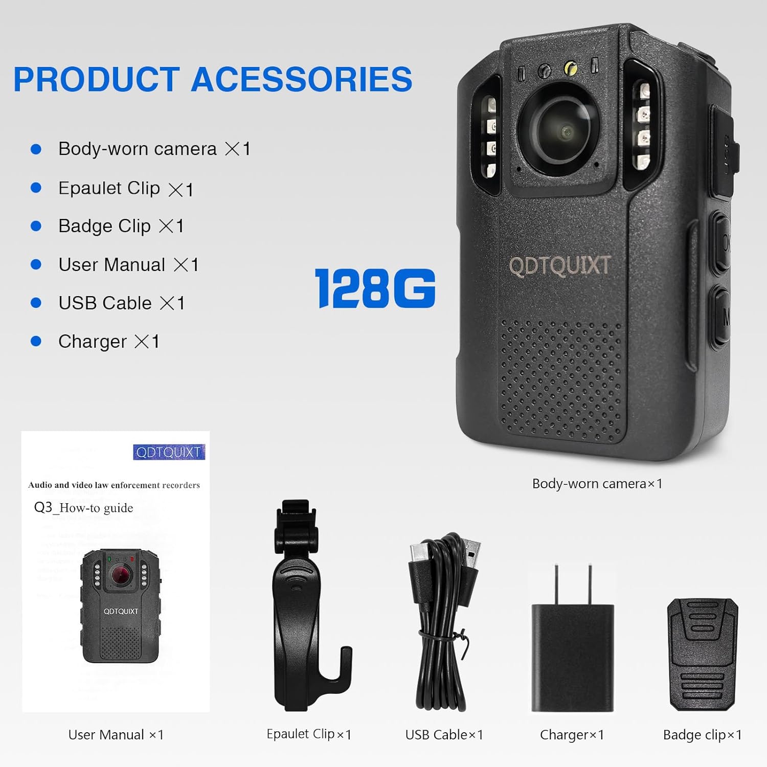 Body Camera for Law Enforcement,12.5H 3600mAh Battery 2K/1080P Video 68MP Photo,Infrared Night Vision & Motion Detection,512GB TF Support 2M Drop Resistant (128G)