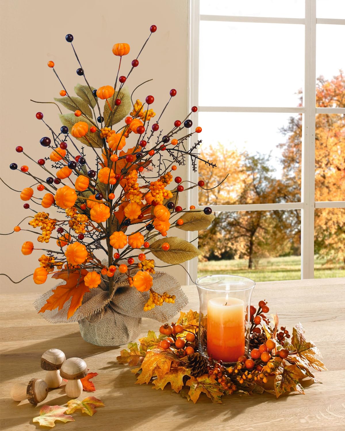 Caplidou Fall Table Centerpieces Tree, Faux Fall Tree Artificial Fall Tabletop Tree Pumpkin and Maple Leaf Berry with Burlap Base Fall Decorations for Autumn Thanksgiving Party Office Home