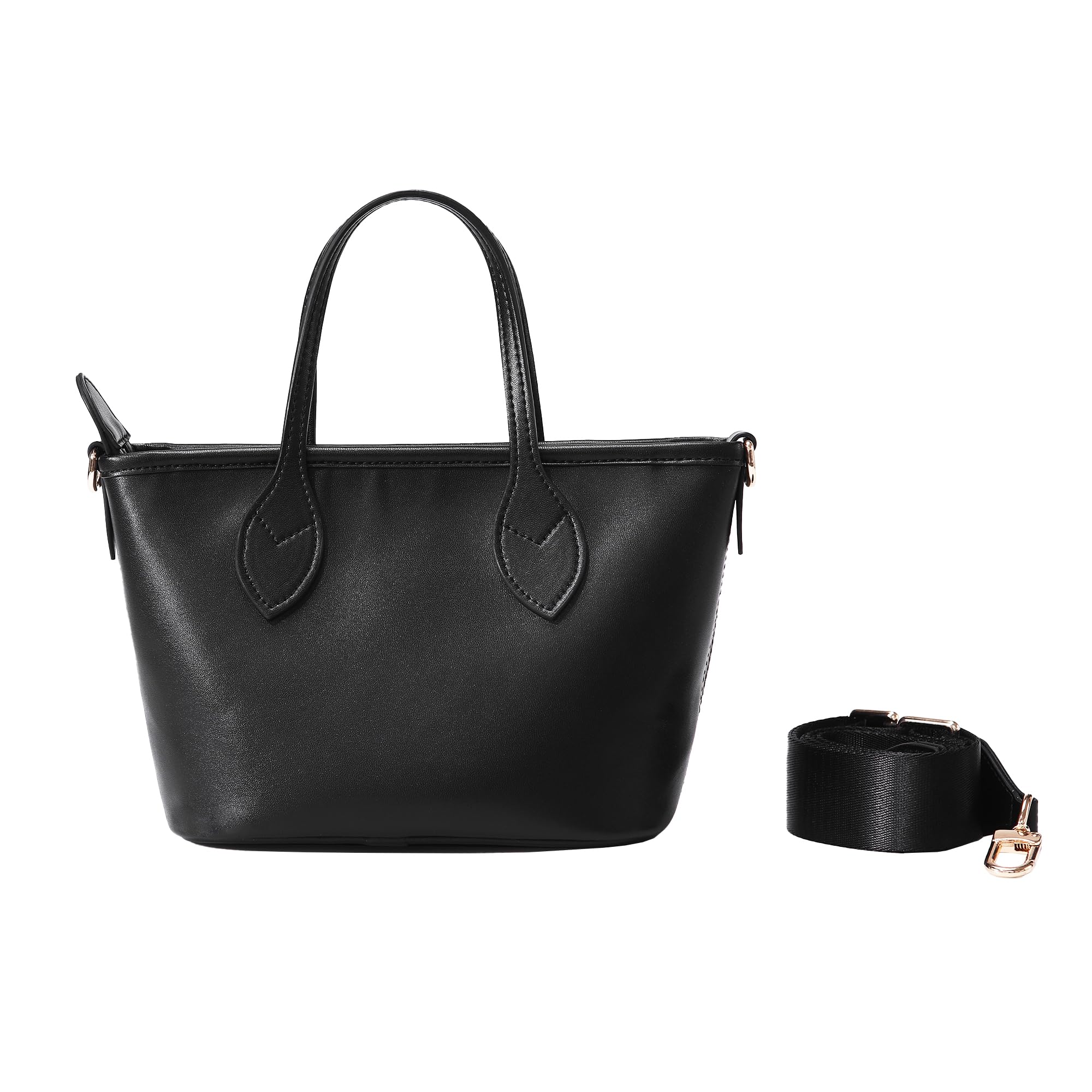 FLAIRFOLIO Mini Tote Handbag for Women Premium Look Perfect Small Crossbody Bags Compact Design Adjustable Removable Strap (Black Leather)