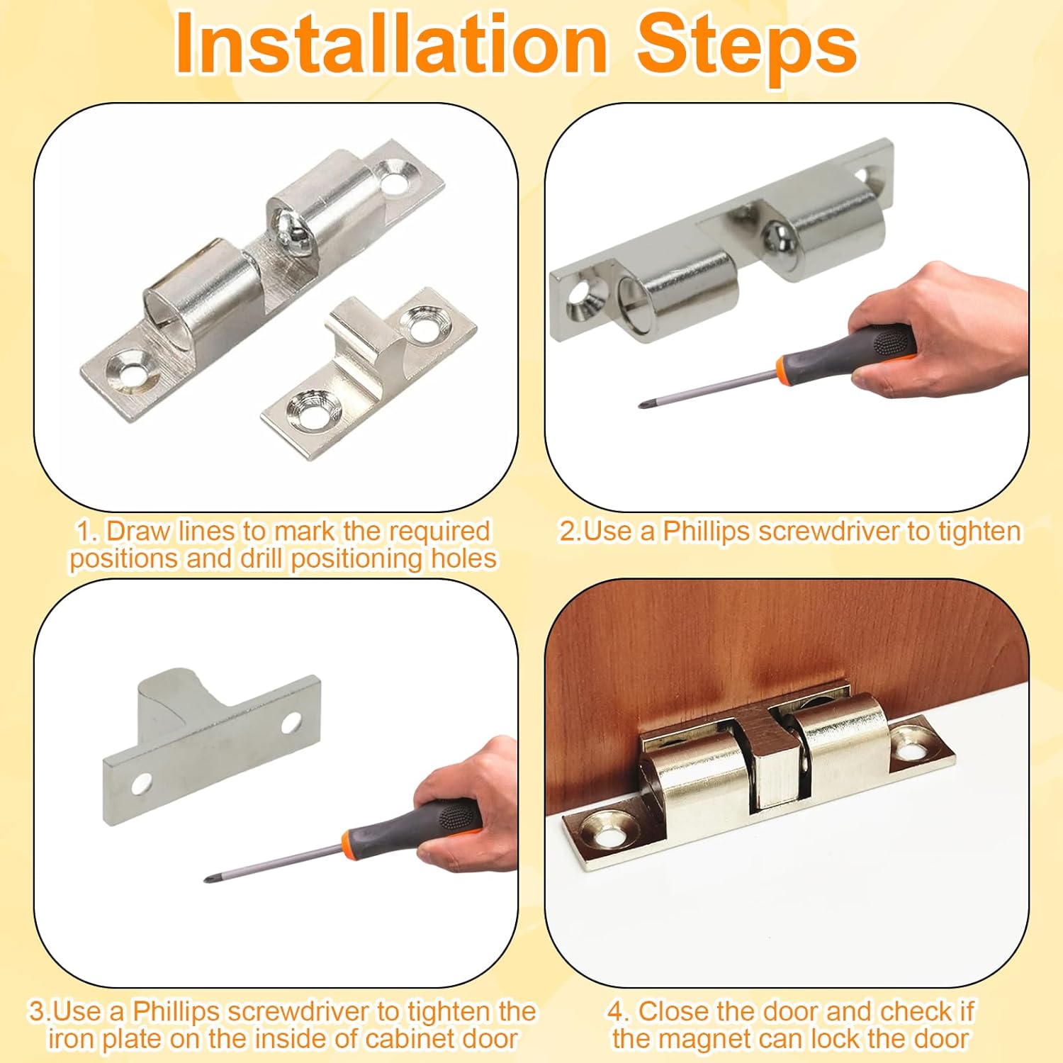 Ball Catch Pack of 10 Double Ball Catches, Adjustable Double Ball Catch Cabinet Door Locks, Double Furniture Door Catcher, for Patio Door, Cupboard Magnets, Door Lock (Silver, without Screws)