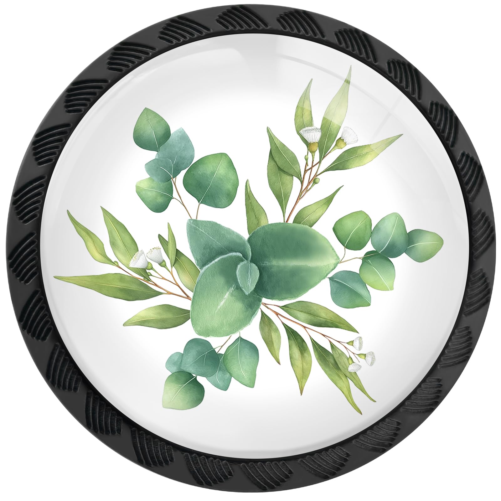 4 Pack Watercolor Green Eucalyptus Leaves and Branches Cabinet Knobs Round Drawer Pulls Black Dresser Knob Cupboard Door Handles Hardware for Kitchen Bathroom Cabinets