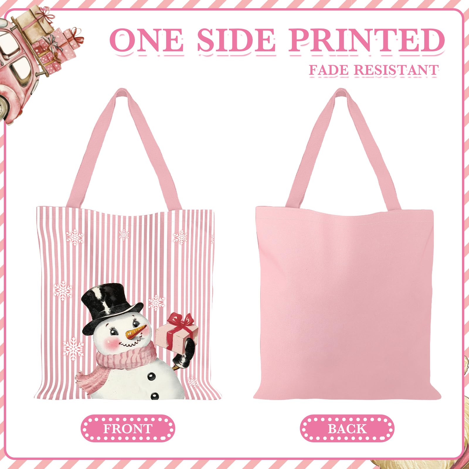 12 Stück rosa Weihnachts-Leinen-Tragetaschen für Damen, Weihnachtsbaum, Schneemann, Weihnachtsmann, Schleife, Zuckerstange, wiederverwendbare Einkaufs-Schultertaschen, Weihnachtsgeschenke für Urlaub