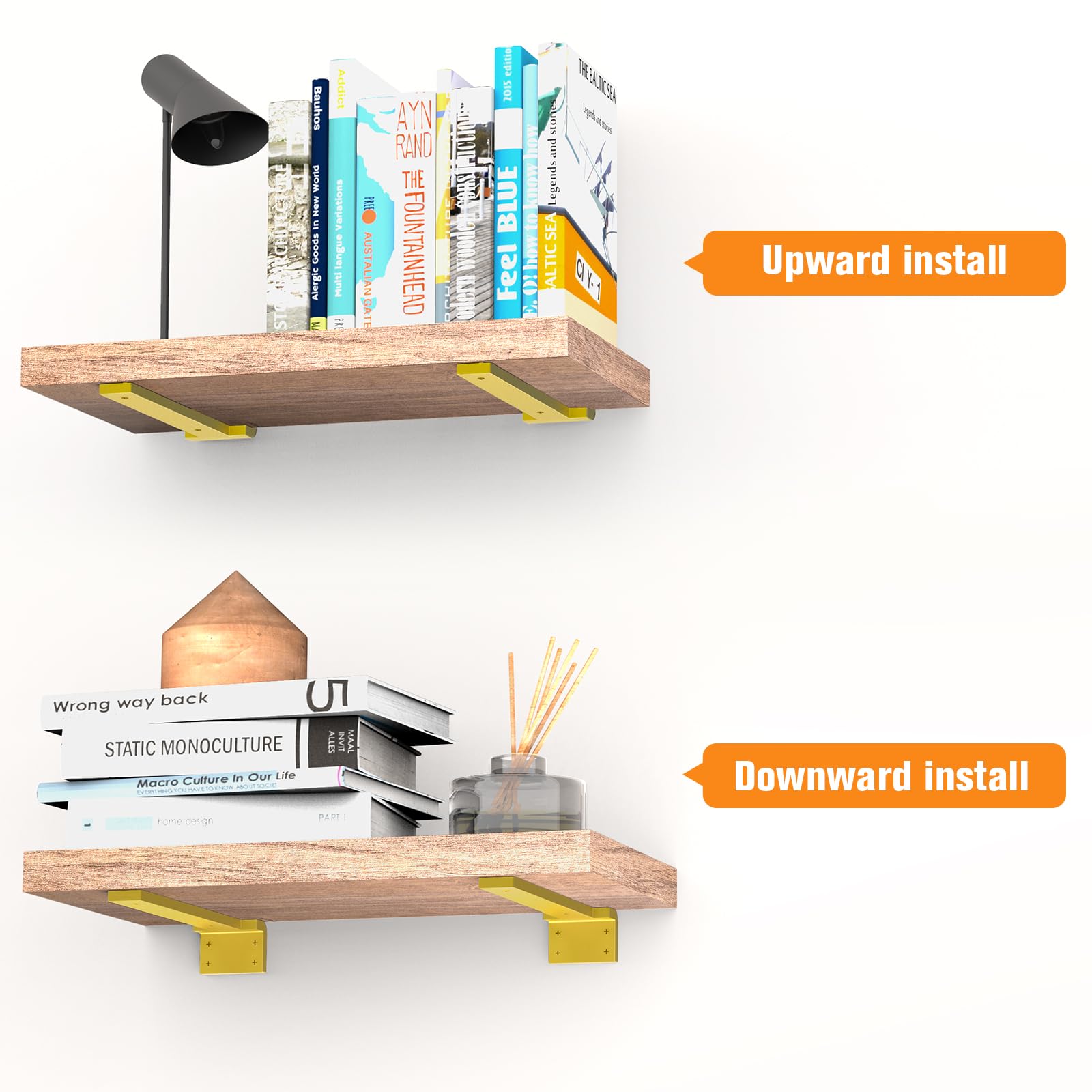 Soporte flotante para estante de 10 pulgadas, paquete de 6 soportes en L para estantes, soportes de metal dorado resistentes para decoración de bricolaje con accesorios de montaje