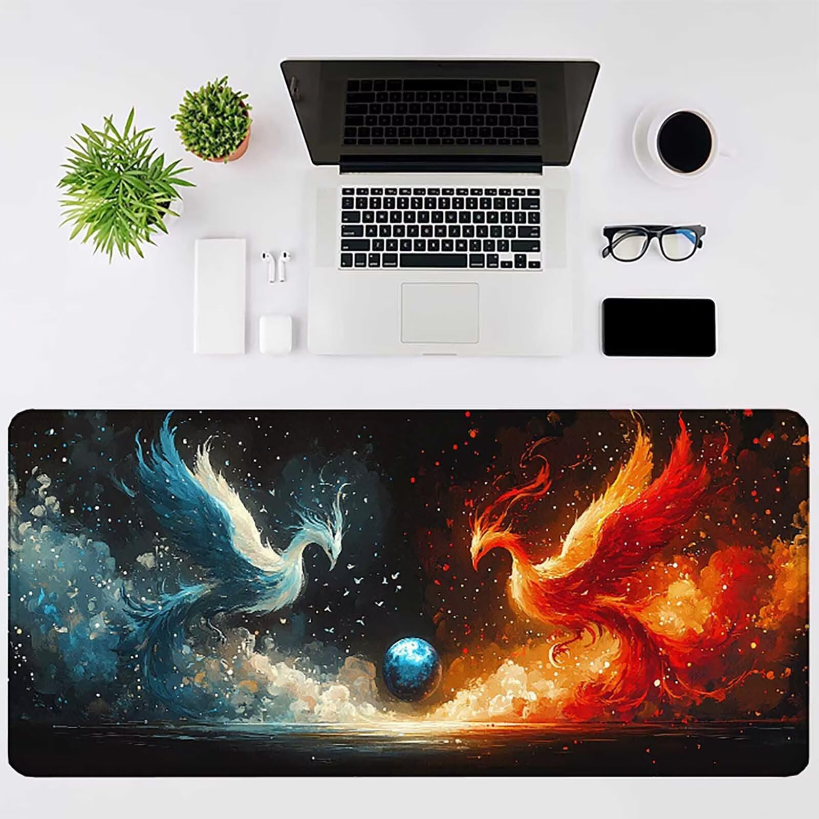 Podkładka pod mysz dla zwierząt XXL 1200 x 600 mm, wodoodporna podkładka pod mysz feniks wzór szyte krawędzie akcesoria biurowe antypoślizgowa gumowa podstawa powierzchnia dla graczy, biurko
