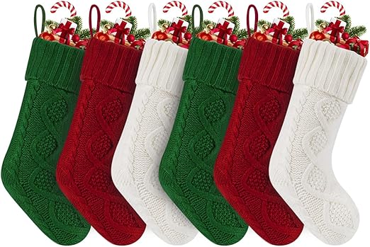 20 Inch Christmas Stockings Set of 6, Large Cable Knitted Stocking Gifts, Personalized Hanging Monogram Xmas Stockings for Kids,Xmas Tree,Family Party Decoration,Burgundy, Ivory, Green