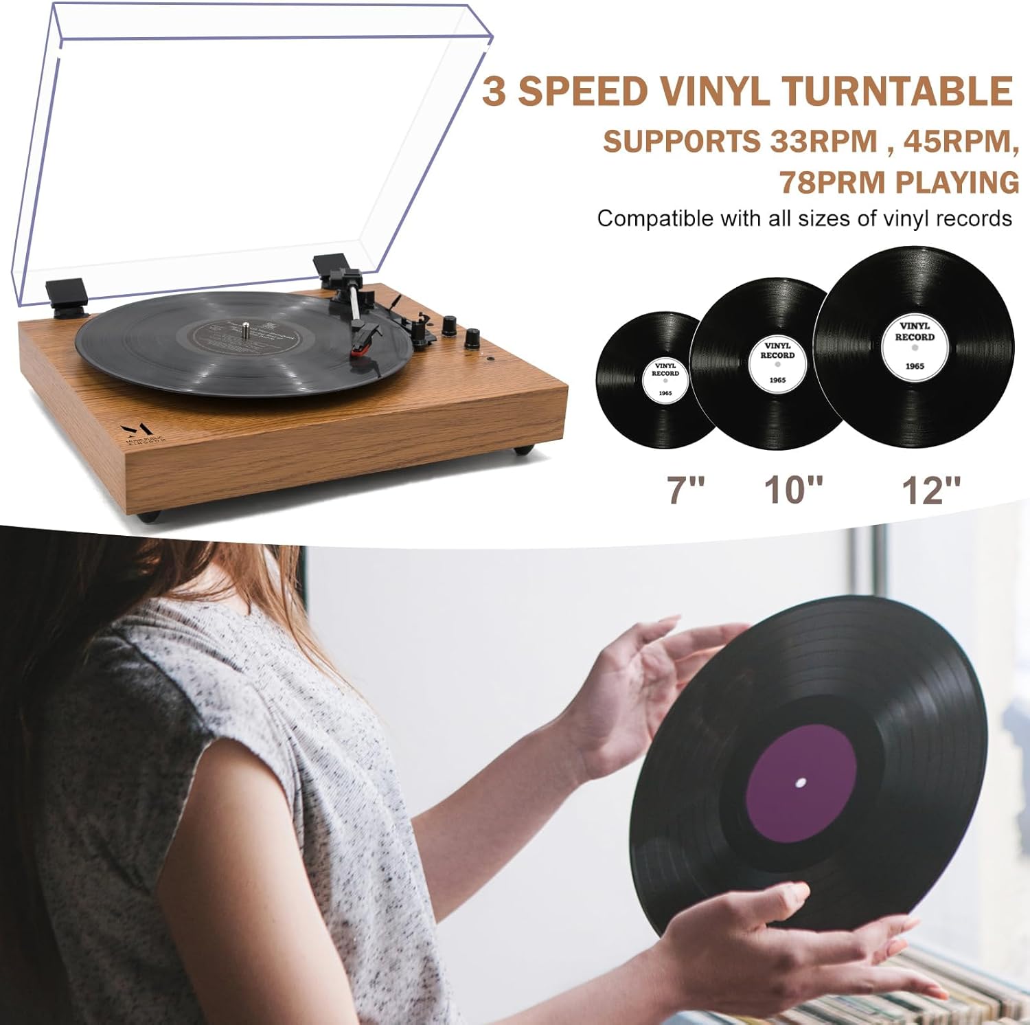 MPK Vintage Style 3 Speeds Wireless Input Record Player, Built-in Dual Premium Speakers,Belt Drive,RCA Output,Aux in,Fulll Size Platter Turntable, Yellow Wood