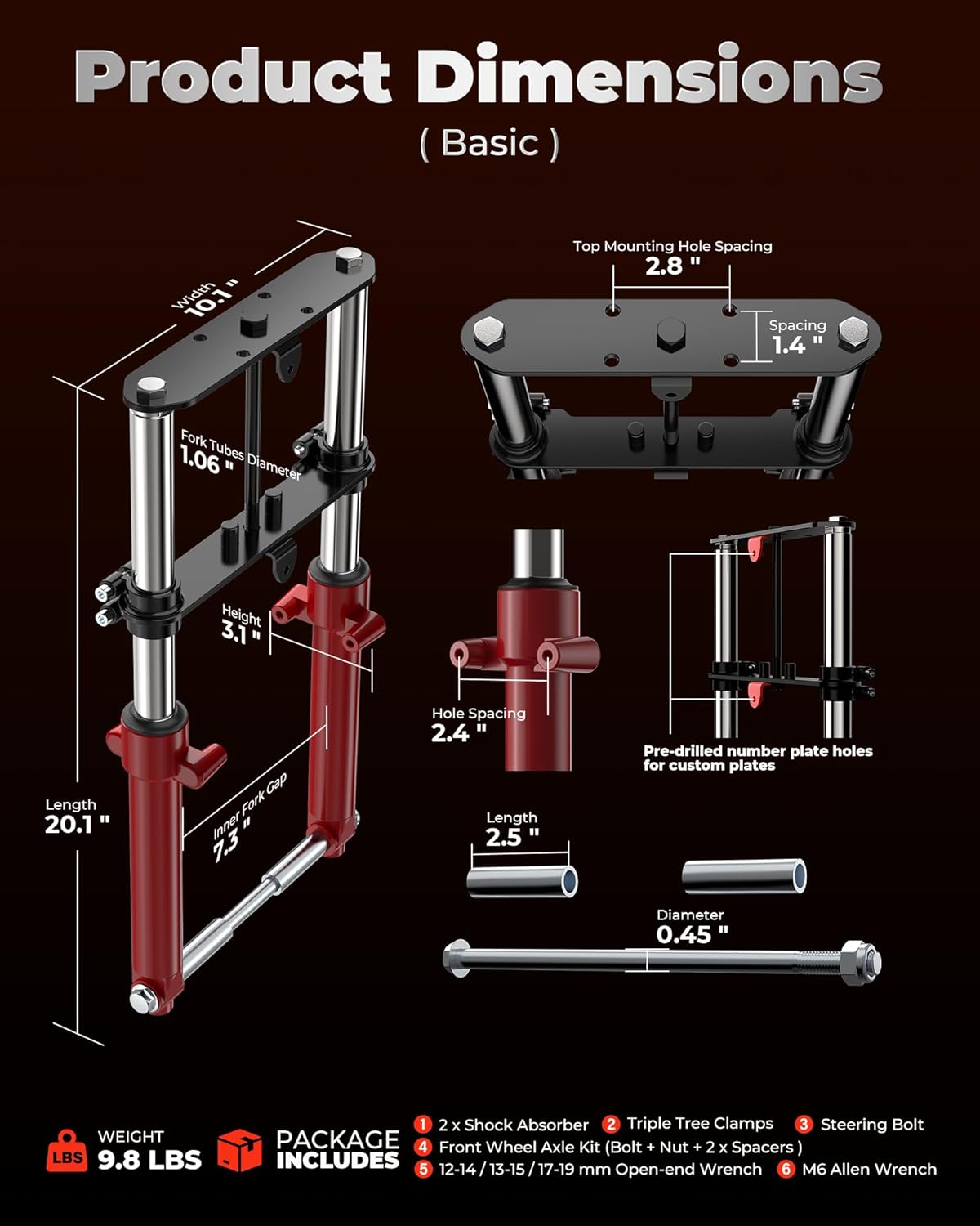 FRP Minibike Suspension Kit -Mini Bike Front Fork, Compatible with Monster Mega Moto MMB80 MMB105 80cc 105cc Motovox MBX10 MBX11 Coleman CT100U Baja DB30, 10 Years Warranty Red