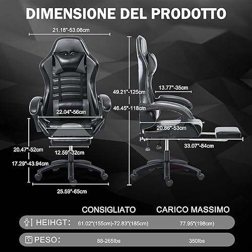 Vista 3 de Gaming Chair for Adults with Footrest - Ergonomic PU Leather Reclining Office Chair, Big and Tall Computer Desk Chair with Lumbar Support, 350lbs
