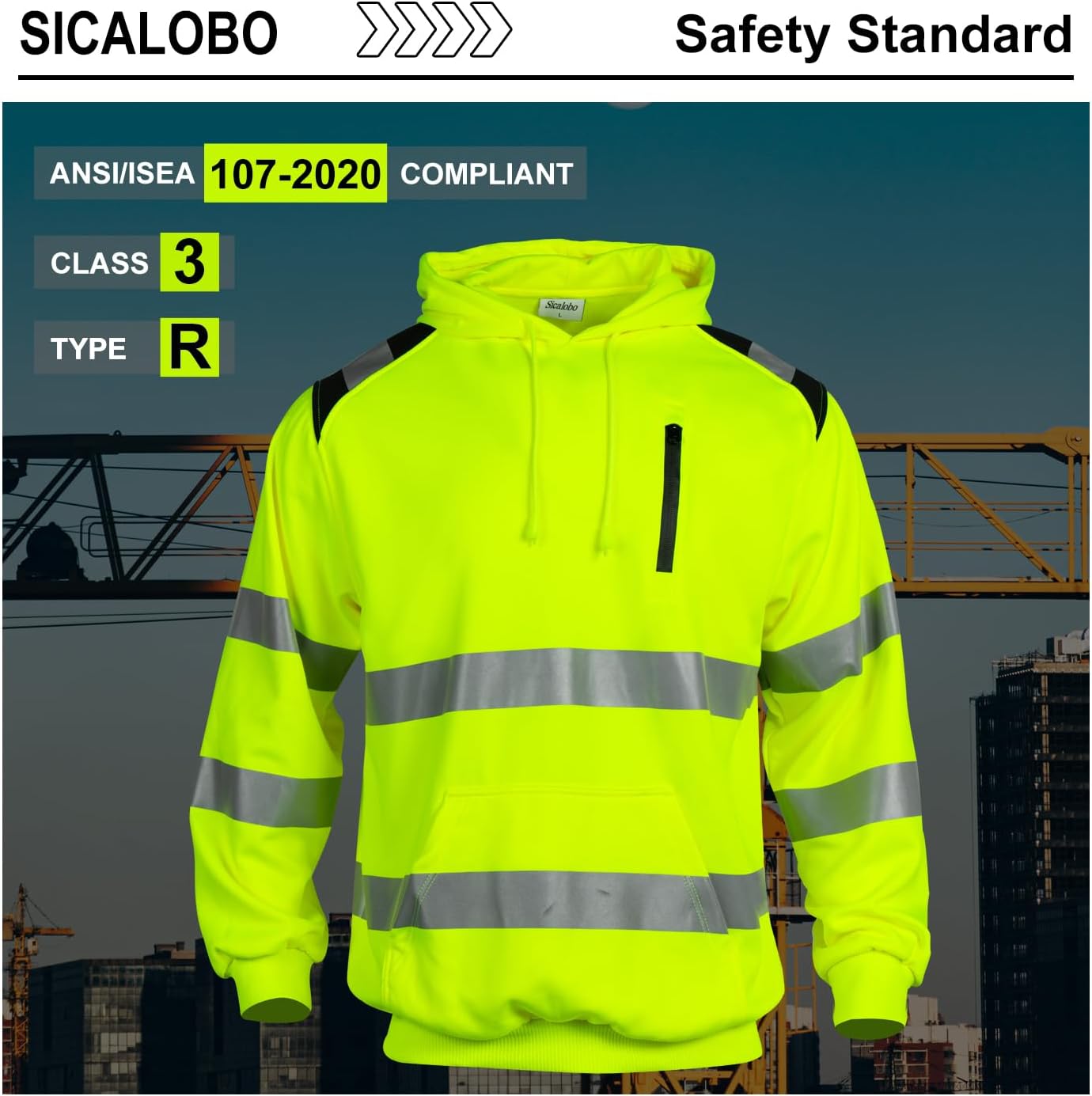 Men's High Visibility Safety Hoodie,ANSI Class 3 Reflective Work Pullover,Hi Vis Construction Hooded Jumper - Image 5