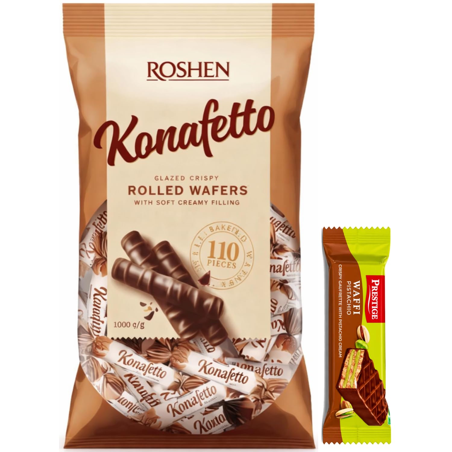 ROSHEN Konafetto (MILK) Glazed Chocolate Candy Rolled – (1kg) Family Value Pack By COUGAR – Eid Day Special, Crispy Rolled Wafers with Soft Creamy Filling, Chocolate Coated Crunchy Wafer Rolls, FREE 1 Prestige Waffi Pistachio Wafer Bars, Gifting, Parties, Office Treats & Dessert Platters – (IMPORTED - UKRAINE)-image-19