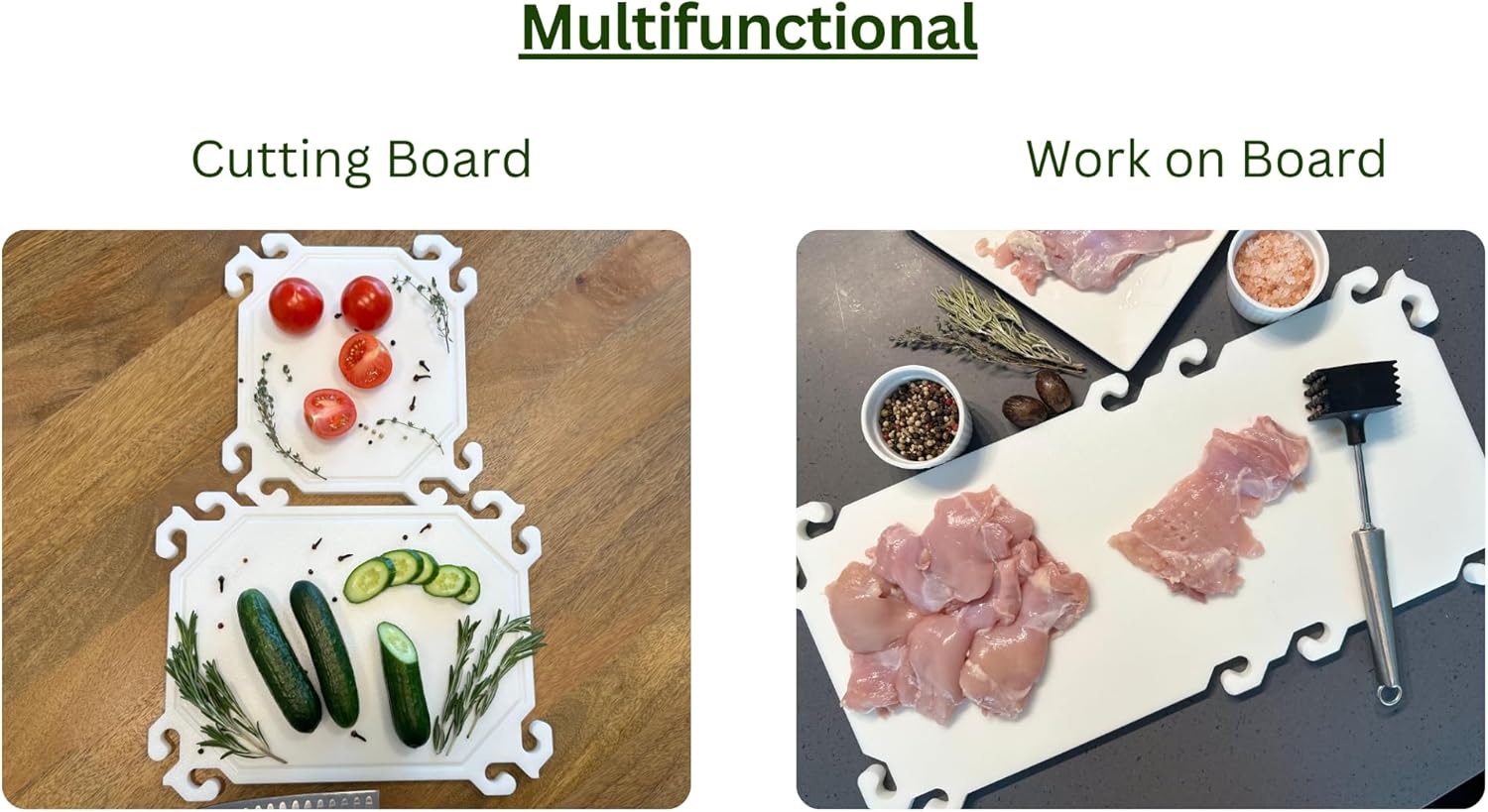Smart Snap Boards – Plastic Cutting Board Set of 2. One Small board 9"x10", One Medium board 10"x13". Snap the two boards together to make a Large board 10"x21". Modular & Space-Saving.