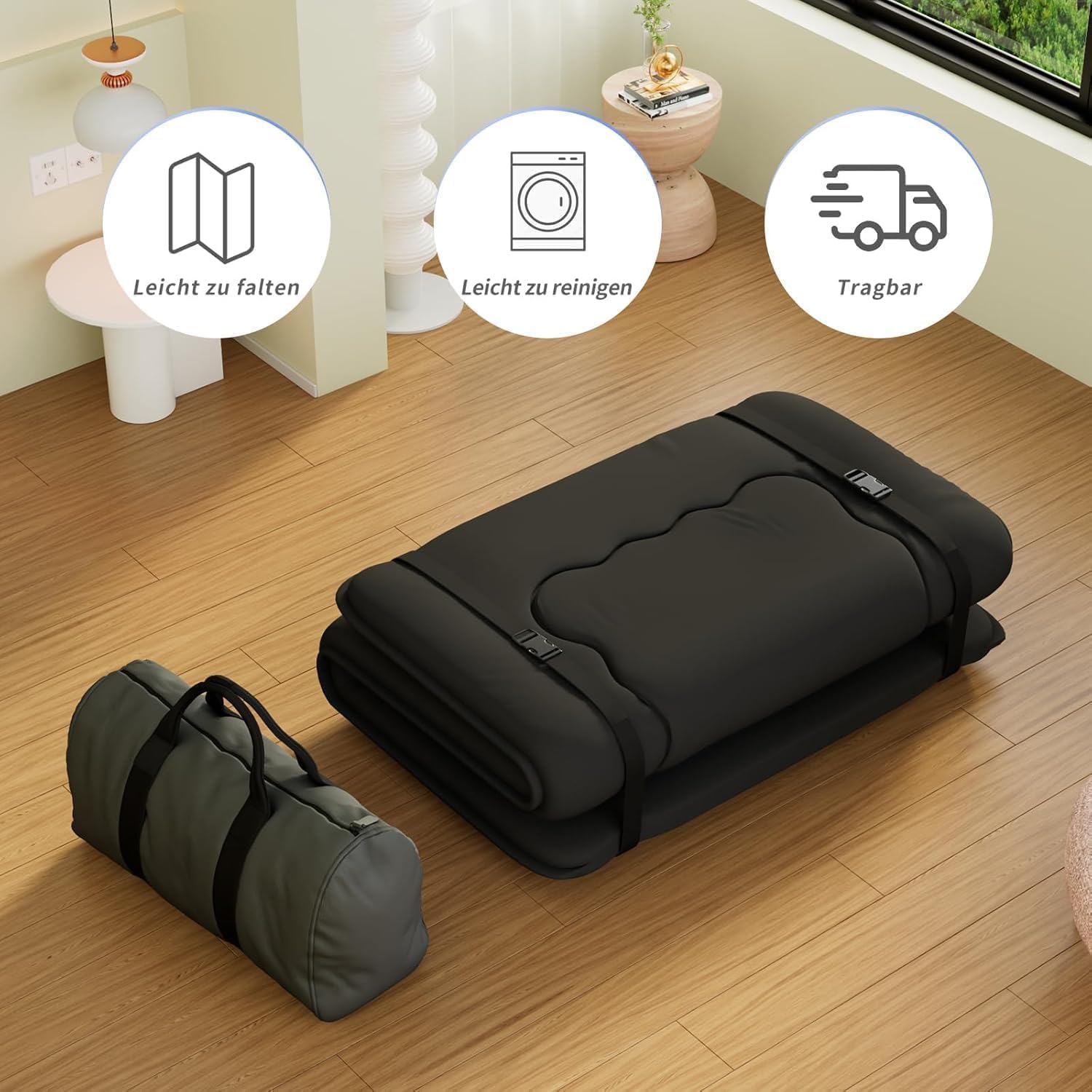 Kiseely Japanische Futon-Matratze, Faltbare Tatami-Matte, tragbare Schlafunterlage mit Tasche und Gurt, Bodenmatratze, verdickte Schlafmatratze, Camping-Matratze (Schwarz YU1, 120X200cm)