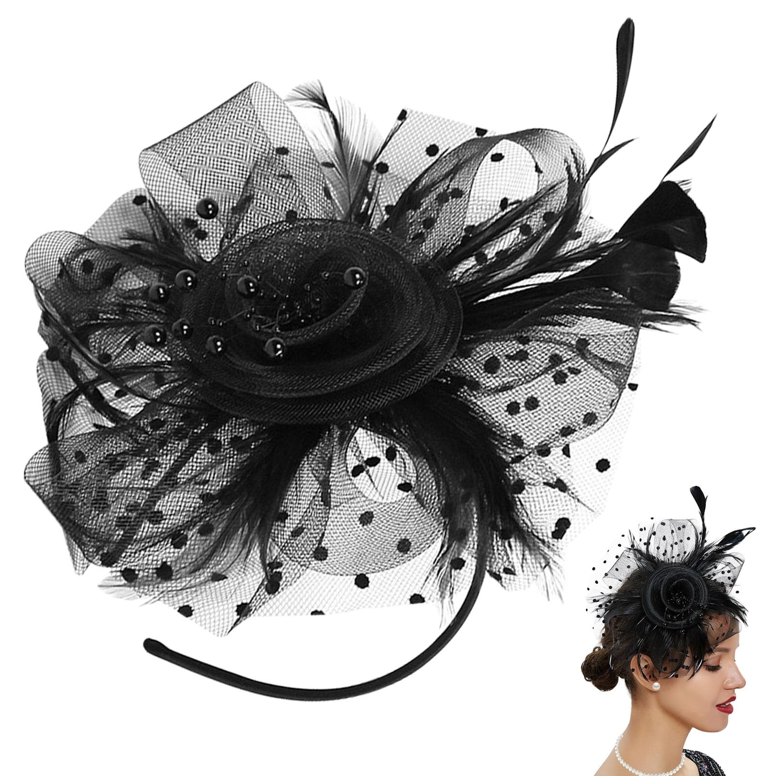 NEW! Elegant Black Fascinator Hat with Decorative Rosette Large Black Fascinator Hat for Women, Modern Black Feather  main image 2