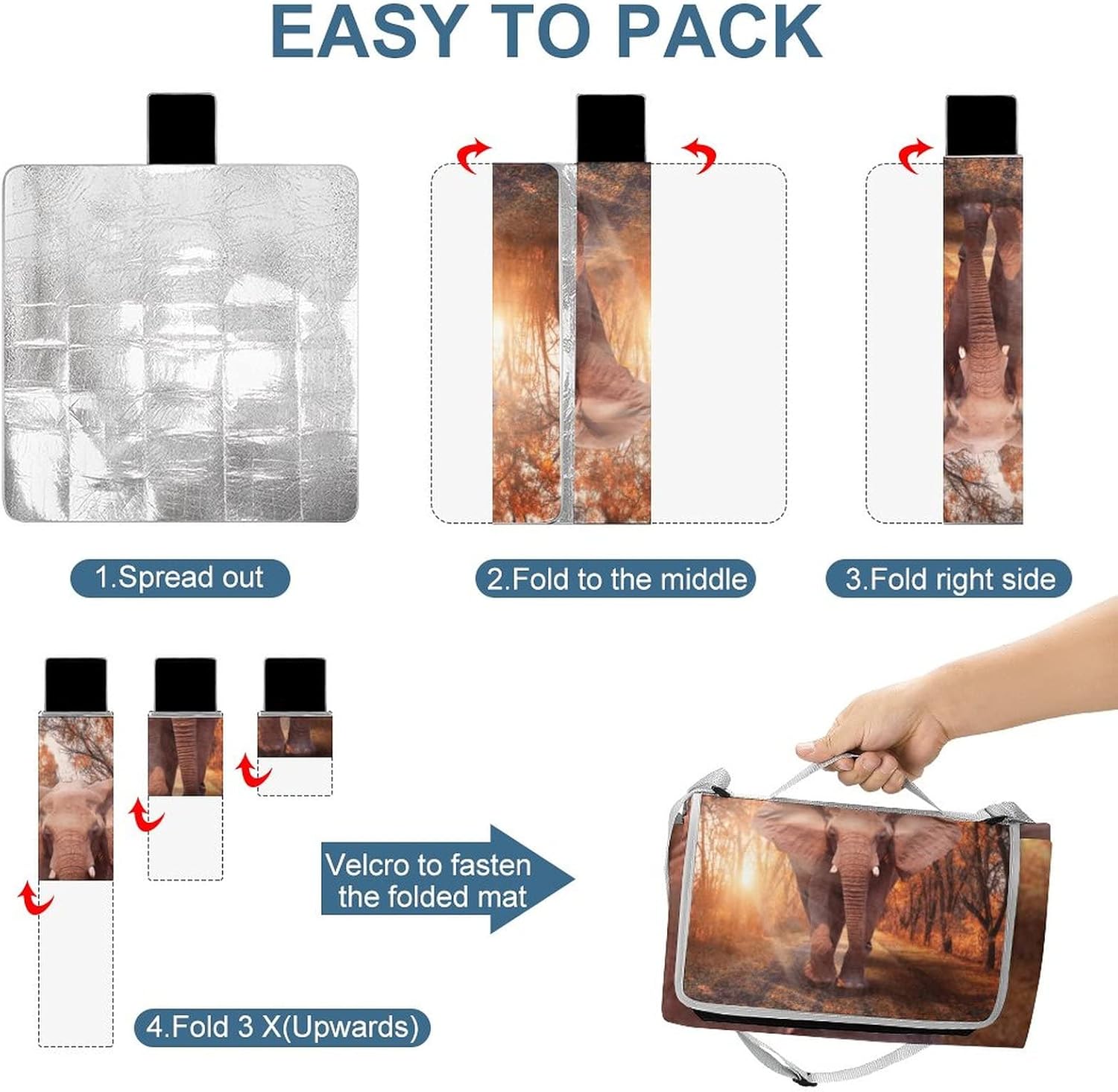 Forest Elephant Tropical PortableAnd Extra Large Picnic & Outdoor Blanket African Autumn Sunset Wildlife Elephant for Outdoor Picnics, Beach, Camping 58.3x58.3 Inch