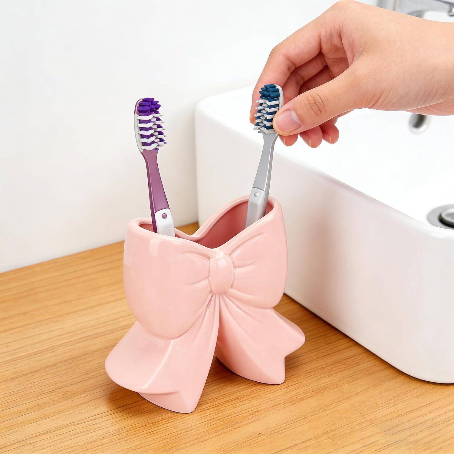 Cute Toothbrush Holder, Ceramic Bow Toothbrush Holder, with Drain Hole Bathroom Countertop Accessories, for Bathroom Canister Storage Organization, Vanity Makeup Organizer (Pink) image 5