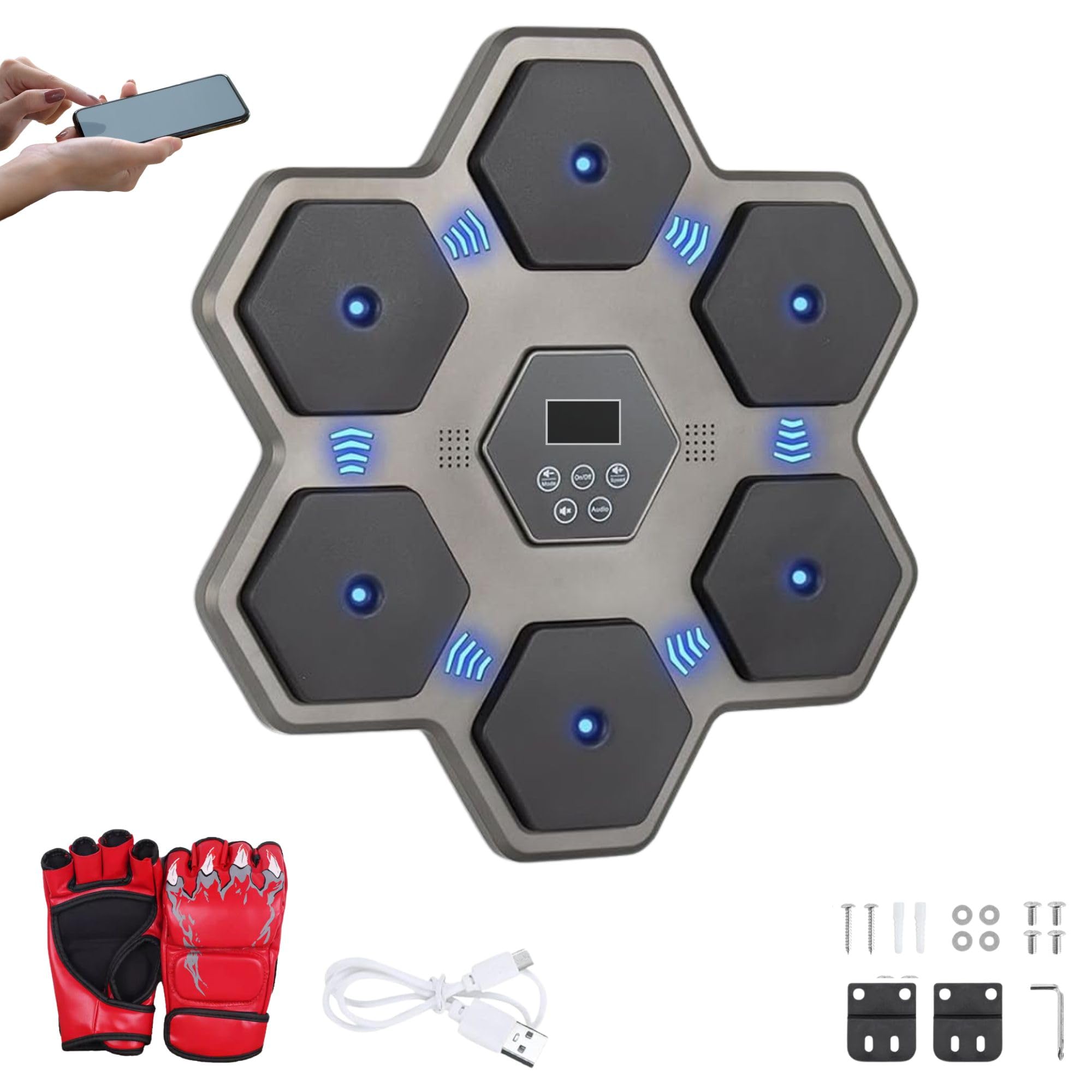 Macchina per l'allenamento di boxe musicale. Attrezzatura da boxe da parete con LED, guanti da boxe, Bluetooth e luci al ritmo della musica. Macchina da boxe per bambini/adulti. (9 modalità, 45 x 45